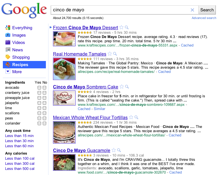 Google Recipe View - ungefiltertes Suchergebnis